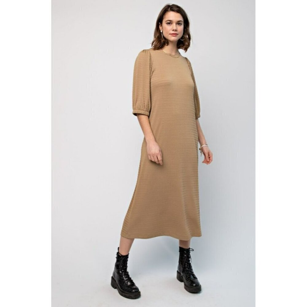 The Chloe Textured Midi Dress in Khaki - Picture 2 of 5